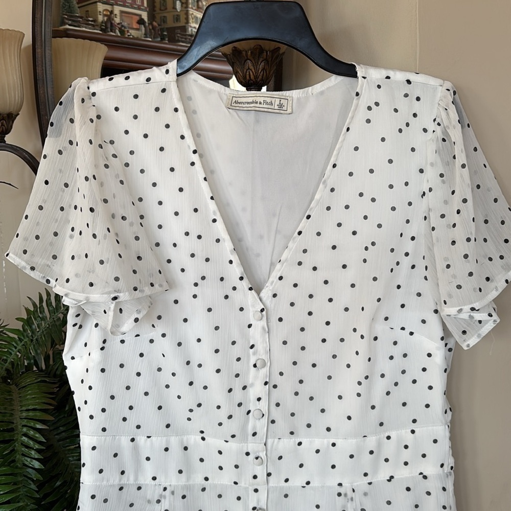 Abercrombie & Fitch White & Black Polka Dot Button Up V-Neck Dress Sheer Lined - Picture 3 of 15